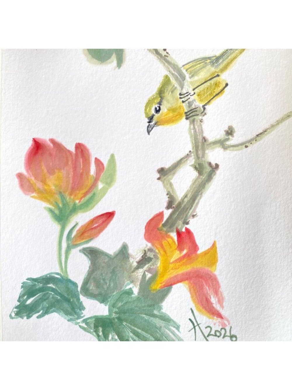 Bird on a Branch Gazing at Flowers Original Art Watercolor Painting Matted 11x14
